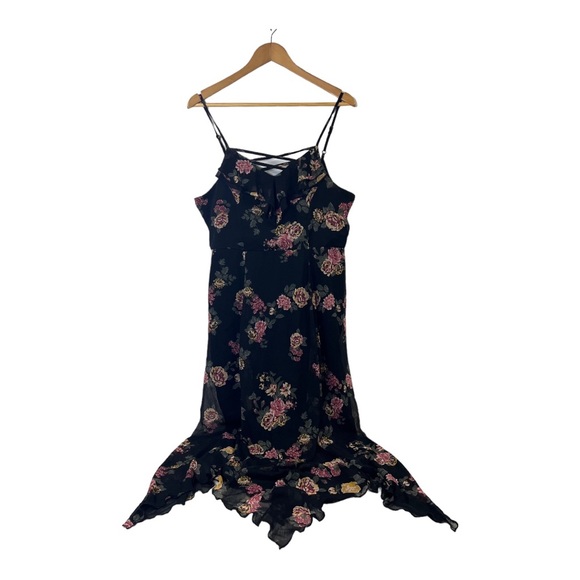 Almost Famous Black Floral Rose Handkerchief Hem Maxi Dress SZ L - Picture 2 of 12